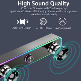 PC Speakers, Bluetooth 5.3 Computer Speakers, USB Powered Computer Soundbar with LED RGB Light, HiFi Stereo, Knob Volume Control, 3.5mm Aux Input Mini Wired Speaker for Desktop, Monitor, Laptop