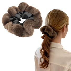 Extra Large Faux Fur Satin Scrunchie for Women Girls, 7 inch Coffee Brown Oversized Hair Tie, Korean Style Elegant Big Scrunchies for Thick Hair (Black)