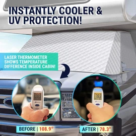 LATCH.IT RV Front Windshield Cover Class C | Front Motorhome, Trailer and Camper Windshield Cover w/Mirror Cutouts & Corner Bands | Compatible for Ford 1997‑2025 | RV Wind Shield Sunshade