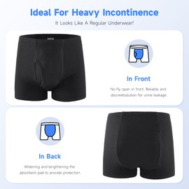 Carer 3 Pack Men's Incontinence Underwear, 280ml Heavy Absorbency Boxer Briefs, Washable Cotton Reusable Leak Proof Briefs with Extended Front & Rear Pad (Large)