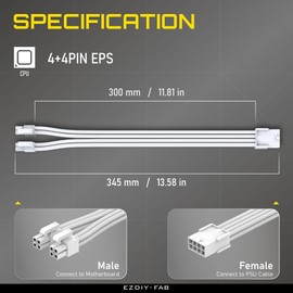 EZDIY-FAB EPS 8-Pin Female to CPU 8-Pin (4+4) ATX 4 Pin Male Power Supply Adapter Extension Cable for Motherboard 11.8 inch (30 cm)-All White