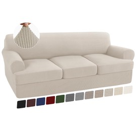 Turquoize 4 Piece T Cushion Sofa Slipcovers Stretch Couch Cover Furniture Covers with 3 Individual T Cushion Covers, Washable (3 Cushion Sofa,Island Fossi)