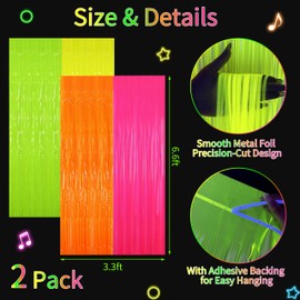 Glow in The Dark Tinsel Curtains 4 Pack - Neon Party Decorations 3.3x6.6ft UV Reactive Fluorescent Macaron Backdrop for Neon, Pride, Birthday Decor, Double Colors & Quantity, Pre-Taped, Waterproof