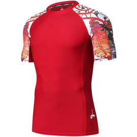 LAFROI Men's Short Sleeve UPF 50+ Baselayer Skins Compression Rash Guard (Red Fire, LG)