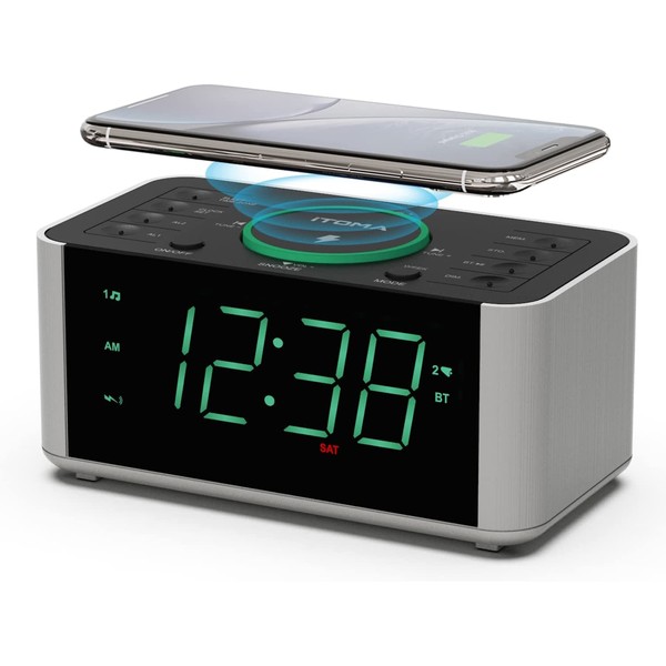Alarm Clock Radio, 10W Wireless Charging, Snooze,Bluetooth Dual Alarm, Dimmer LED Display, Non Ticking Clock for Bedside iTOMA CKS910