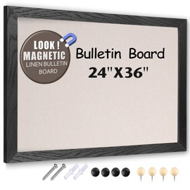 Large Magnetic Bulletin Board 36 x 24 Inches, Black Rustic Wood Frame Cork Board with Linen, Wall Mounted Bulletin Board with Push Pins for Home Office School