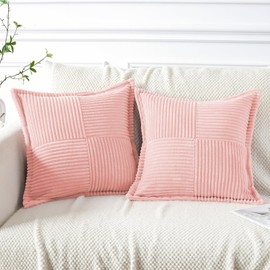 Artscope Set of 2 Corduroy Cushion Covers, Velvet Cushion, Soft Decorative Cushion Cover, Modern Cushion Cover, Wrapped Edge, Sofa Cushion for Living Room, Bedroom, Pink, 45 x 45 cm