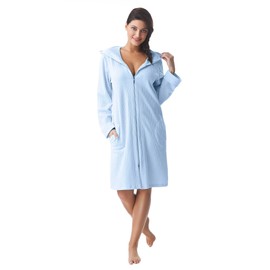 DOROTA Cuddly and modern women's cotton bathrobe with pockets, zip and hood, made in the EU, lightblue
