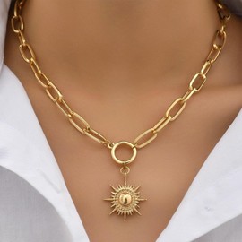 Nojess Gold Necklace for Women 18K Gold Plated Sun Paperclip Link Chain Necklaces Sunflower pendant necklaces Chunky Gold Sunshine Celestial Necklaces Minimalist Jewelry (Sun Necklace)