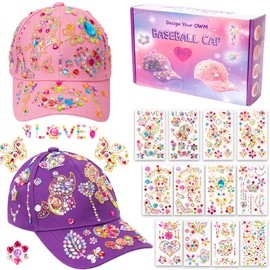 CIMOYBAI Gifts for Girls DIY Baseball Cap, 2 Pieces Back to School Baseball with Jewel Stickers Cap, Girls Christmas Birthday Gifts Back to School Gifts 4 5 6 7 8 9 10 Years