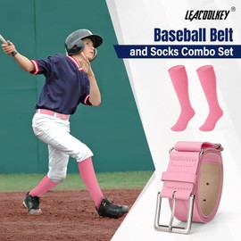 LEACOOLKEY Baseball Belt and Socks Combo Set Softball Socks and Elastic Belt for Youth Boys Girls Light Pink