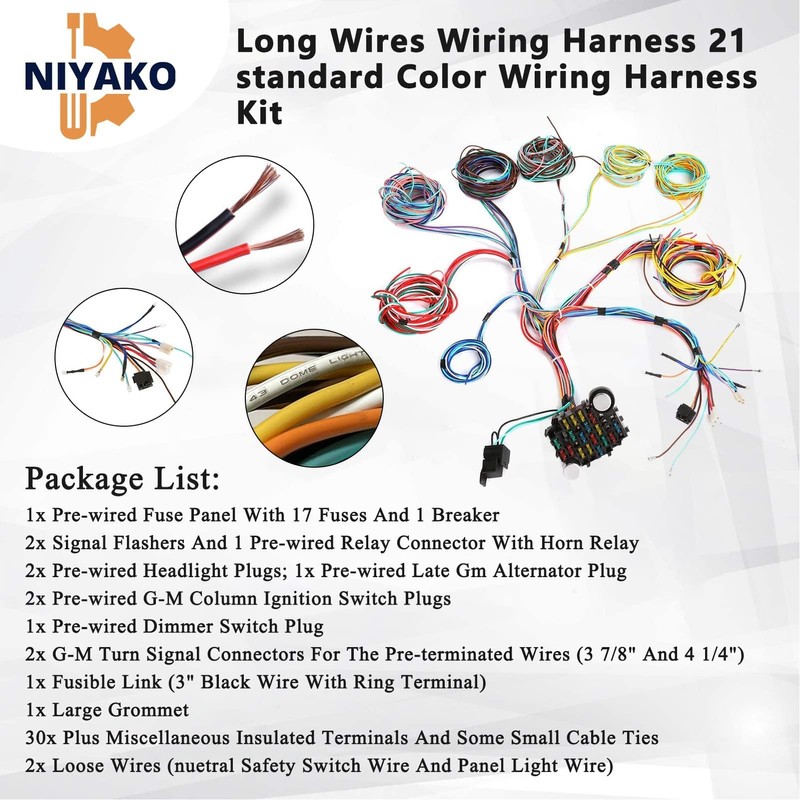 Niyako Universal 21 Circuit Wiring Harness Kit, Extra Long Wire