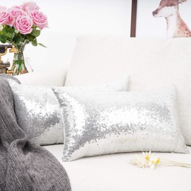 YOUR SMILE Pack of 2, New Luxury Series Silver Decorative Glitzy Sequin & Comfy Satin Solid Throw Pillow Cover Cushion Case for Wedding/Christmas,12" x 20"