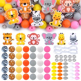 URROMA Silicone Beads Set,76Pcs Jungle Animals Theme Bulk Silicone Bead Irregular Spacer Beads for Pen Necklace Keychain Bracelets Craft Making