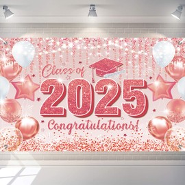 2025 Graduation Party Backdrop Pink Graduation Decorations Class Party Supplies Pink Congrats Grad Decoration Background Photography Backdrops Yard Sign Banner (6 x4 ft)