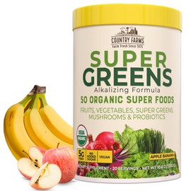 Country Farms Organic Super Greens Apple Banana Flavor, 50 Organic Super Foods, Packed with Fiber, USDA Organic Drink Mix, Fruits, Vegetables, Mushrooms & Probiotics, Supports Energy, 5g Fiber