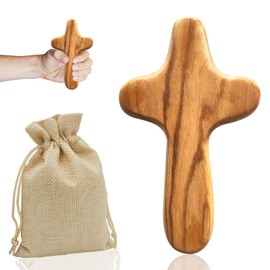 10CM Handmade Olive Wood Holding Cross,with Linen Sack,Ergonomic Mini Wooden Cross for Prayer,Crosses,Meditation & Christian Cross,Wooden Crucifix,Handmade Olive Wood Cross,for Men,Women & Kids
