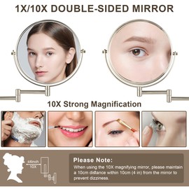 JANEEVA 8" Wall Mounted Makeup Mirror, 10X Magnifying Mirror with 360 Extendable Arm - Double Sided Vanity Mirror for Bathroom (Brushed Nickel)