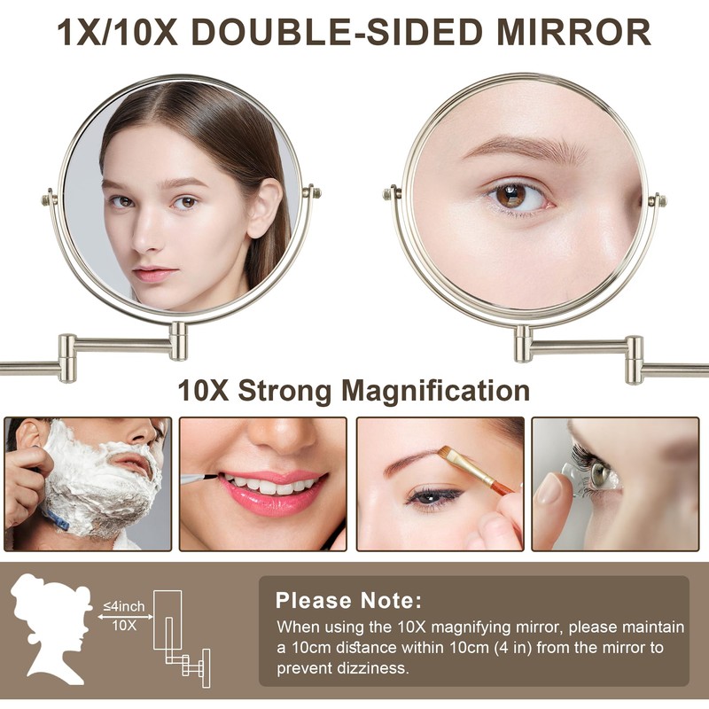 JANEEVA 8" Wall Mounted Makeup Mirror, 10X Magnifying Mirror with
