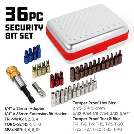 Powerbuilt Color Coded Security Bit Set, 36 Piece, Tamper Proof Torx, Hex, Spanner, Tri-Wing Bits, 1/4 Inch Adapter and Release, Red Case 940668