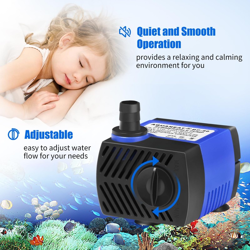 AQUANEAT Small Fountain Pump, 80 GPH Mini Submersible Water Pump