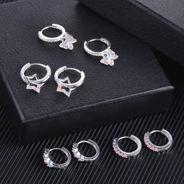 Sterling Silver Earrings for Girls Women, 4 Pairs ASH'S CHOICE 925 Sterling Silver Small Pink Heart Hoop Sleeper Cartilage Huggie Hoop Earring With Zircon Colorful Cute Star Butterfly Drop Earrings