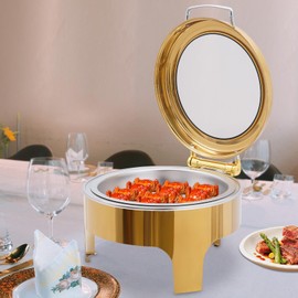 Gold Chafing Dish Buffet Set 6.34Qt Round Chafing Dishes with Flip Lid Stainless Steel Buffet Warmers Set Buffet Servers and Warmers Chafing Dish with Handle for Home Wedding Parties Events, Gold