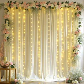 10 x 10ft Beige Backdrop Curtains with Lights String for Wedding Photo Background Drapes Wrinkle Free Polyester Curtain Backdrop for Baby Shower Birthday Parties Reception Ceremony - 5 x 10ft 2 Panels