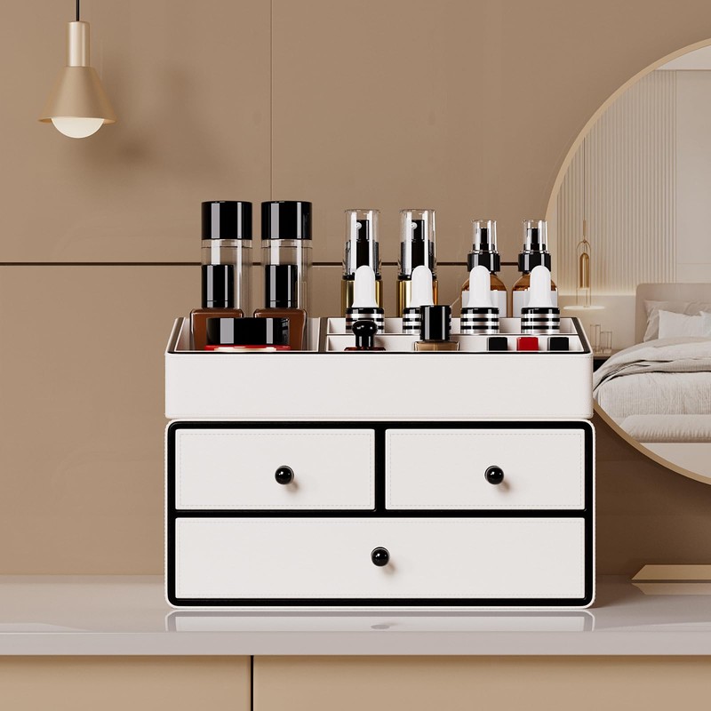 GORESE Leather Makeup Organizer with Drawers for Vanity, Stackable Skincare