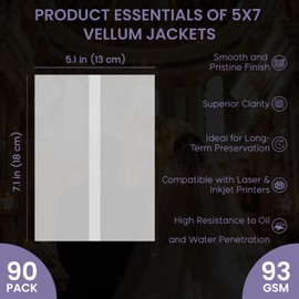 SuFly Pre-Folded Vellum Jackets for 5x7 Invitations, 90-Pack (60lb/93gsm) Translucent Vellum Paper 5x7 Sleeves, Invitation Jackets, Elegant Wedding Invitation Accessories, Envelope Liners, DIY Crafts.