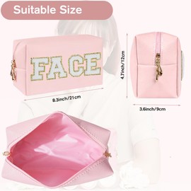 Preppy Patch Makeup Bag,Travel Cosmetic Bags PU Leather Portable Waterproof Toiletry Storage Case with Chenille Letter Zipper Daily Use Pouch for Women,Light Pink Face