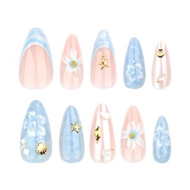 Almond Press on Nails Medium Fake Nails 3D Flower French Tip False Nails Stick on Nail Water Ripple Glossy Glue on Nails Gold Starfish Floral Full Cover Artificial Acrylic Nail for Women Kit 24PCS