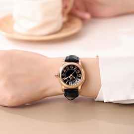 SHENGKE SK Casual Fashion Women's Watch Easy-to-Read Dial 12-Hour Display Round Case Analog Wrist Watch Soft and Breathable Leather Strap (Black-Gold)