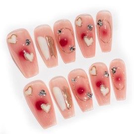 Sun&Beam Nails Handmade Long Coffin Ballerina Pink Gold False Nail Tips with Cute 3D Diamond Popular Charm Design Press On Nails 10 Pcs (#57 XS)