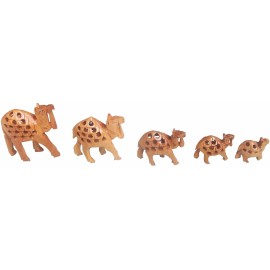 Decorative Wooden Undercut Hand Carved Camel Set of 5 Pcs