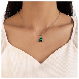 Inilbran Boho Water Drop Emerald Pendant Necklace Drop Emerald Gemstone Necklace Silver Drop Choker Necklace Oval Green Crystal Necklaces Chains Jewellery for Women (Style A)
