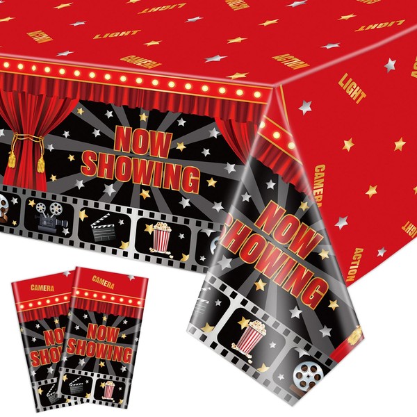 QUERICKY 2 Pack Movie Night Tablecloths, 220x130cm Rectangle Movie Themed Party Table Covers, Now Showing Tablecloth for Movie Night Theater Red Carpet Birthday Party Decorations Supplies