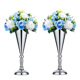 Sziqiqi - Soporte para centro de mesa floral para trompeta de boda, recepción, centros de mesa, fiesta, evento, aniversario, decoración de cumpleaños, paquete de 2, color plateado de 14 pulgadas