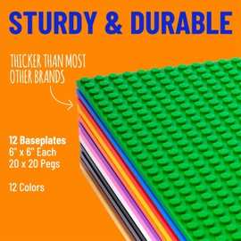 Strictly Briks Stackable Baseplates for Building Toy Pack - Compatible with Lego - 12-Pack, 6x6 in - Rainbow Color Baseplates