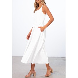 MEROKEETY Women's 2025 Summer Sleeveless Midi Dress Square Neck Smocked Flowy A Line Beach Dresses, Ivory, Small