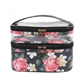 Wellehomi Floral Makeup Bag, Travel Makeup Bags Large Make Up Bag Waterproof Cosmetic Bag Rose Pattern PU Leather Travel Skincare Bag for Women Girls (Rose)