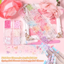 2 Boxes 3D Butterfly Nail Charms, Color Butterflies Nail Art Charm Pink White Flower Bow for Nails, Spring Flowers Butterfly Half Pearls Charms for Acrylic Nail Art DIY Supplies with Pickup Tool