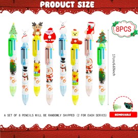 Christmas Ballpoint Pens, 8 Pieces, Retractable Ballpoint Pen, 6-in-1, Multicoloured Pens, Retractable Ballpoint Pen, Multifunctional, Christmas Tree, Snowman, Santa Claus, Reindeer Marker Pen, Random