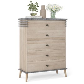 LOKO 5-Drawer Chest, Vertical Drawer Dresser with Solid Rubber Wood Legs, Interlocking Mechanism & Anti-Tipping Kit, Tall Storage Drawers Tower Organizer for Living Room, Bedroom, Hallway, Entryway