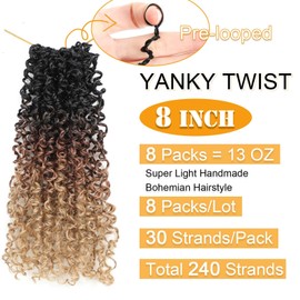 Aksice 8 Inch 8 Packs Yanky Twist Crochet Hair for Women Pre-looped Mini Twist Hair Bohemian Passion Twist Crochet Hair Boho Crochet Braids Synthetic (1B/30/27)