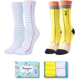 HAPPYPOP Funny Crazy Silly Gifts for Women Teen Girls, Crazy Silly Pencil socks Notebook Socks Reading Gifts Book gifts