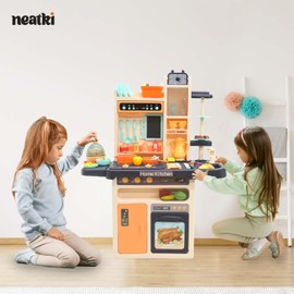 Play Kitchen for Kids, Interactive Play with Lights and Sounds, Real Steam, Play Sink, Cutting Food Set, 65 PCS Toy Kitchen Set for Boys Girls