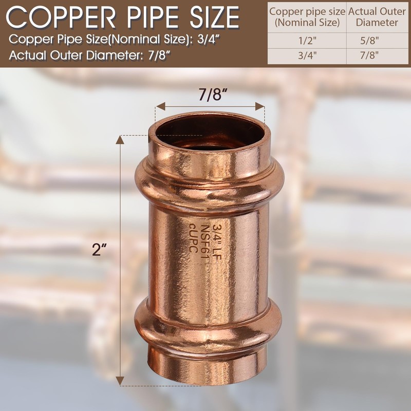 12PK Copper Press Fittings 3/4 inch Coupling with Stop Zero