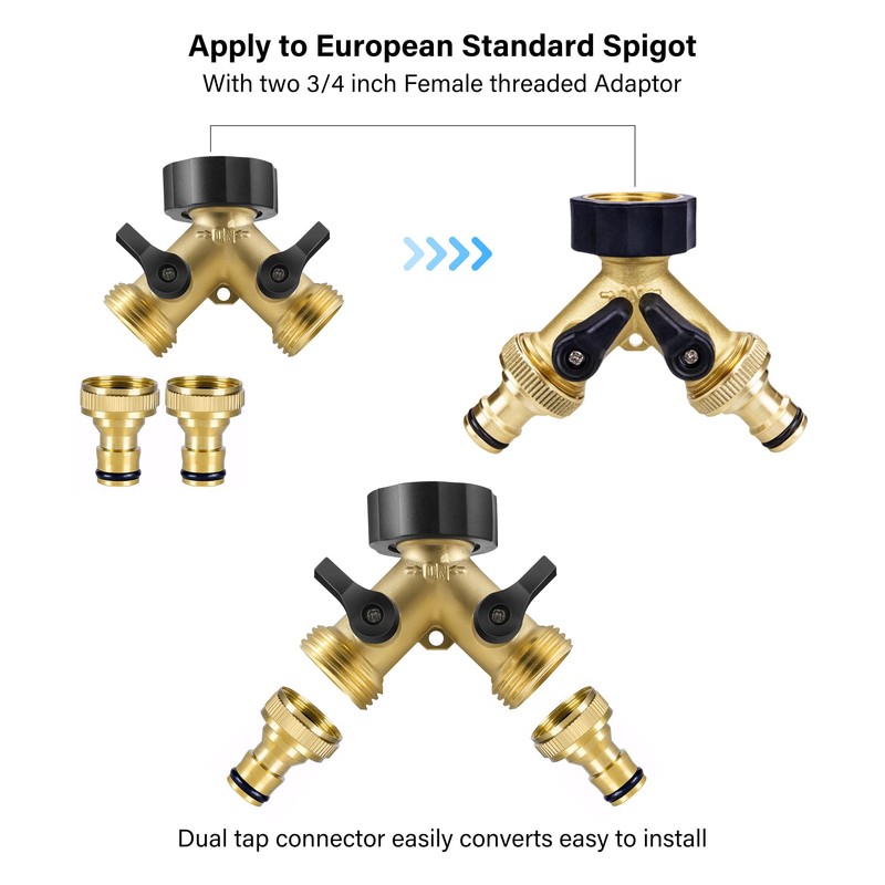 2 Way Garden Hose Splitter, 3/4" Tap Splitters with Individual