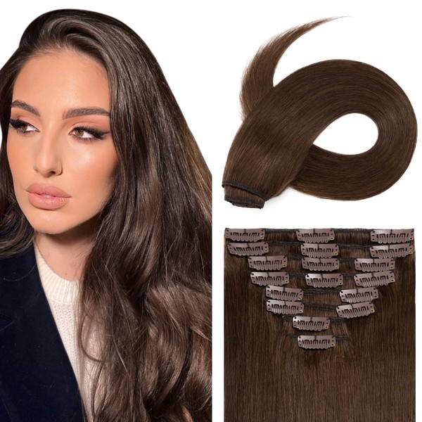 UK-Fashion-Shop Real Hair Clip-In Hair Extensions 100% Remy Real Hair Thin 8 Wefts 18 Clips Straight 50 cm / 70 g (#4 Chocolate Brown)
